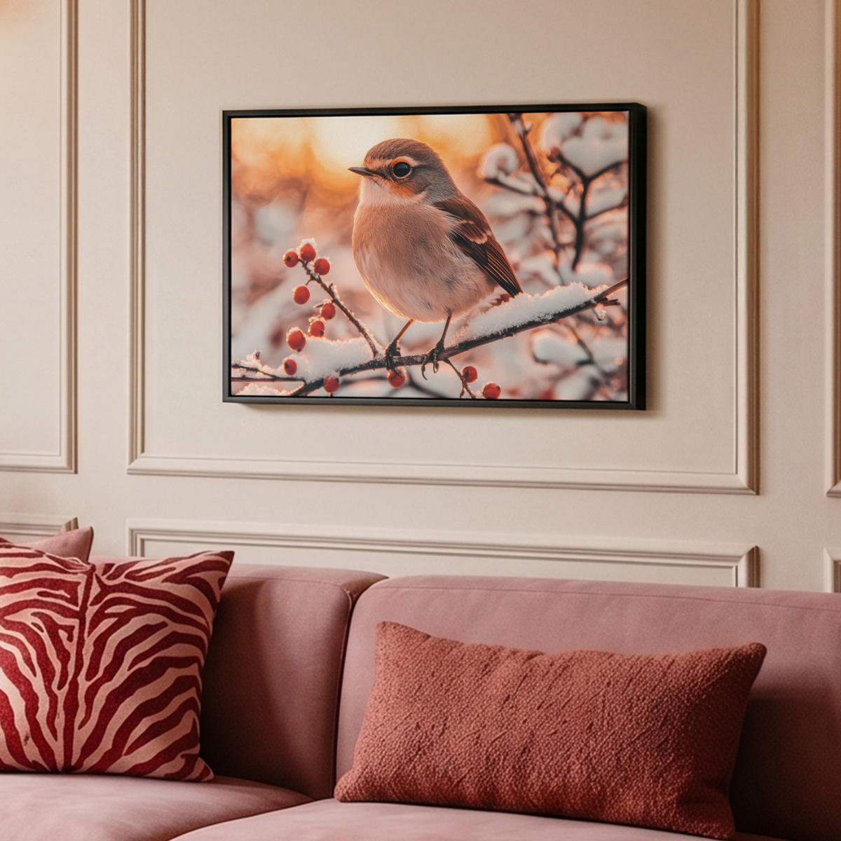 LEINWAND Bilder mit Rahmen - Vogel - Zweig - Winter - Tiere - Schnee - 60x40 - Bernsteinfarben, Textil (60/40cm) - MuchoWow