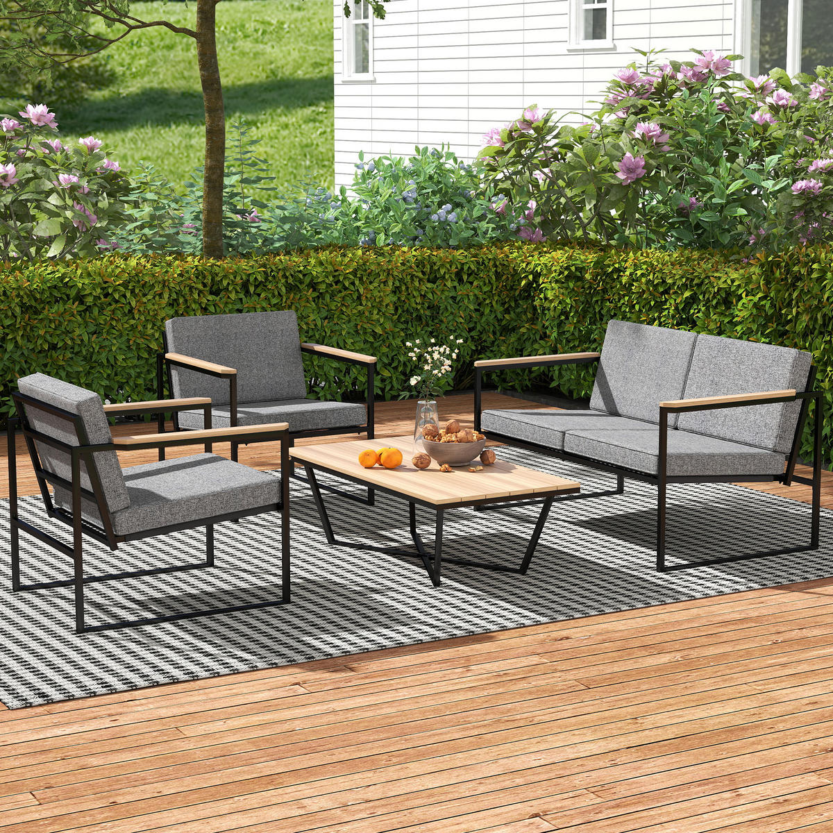 GARTENMÖBEL SET DE-06485 wetterfest, 2er Sofa, 2 Stühle, Beistelltisch Grau - Grau, Textil/Metall - ComfortXL