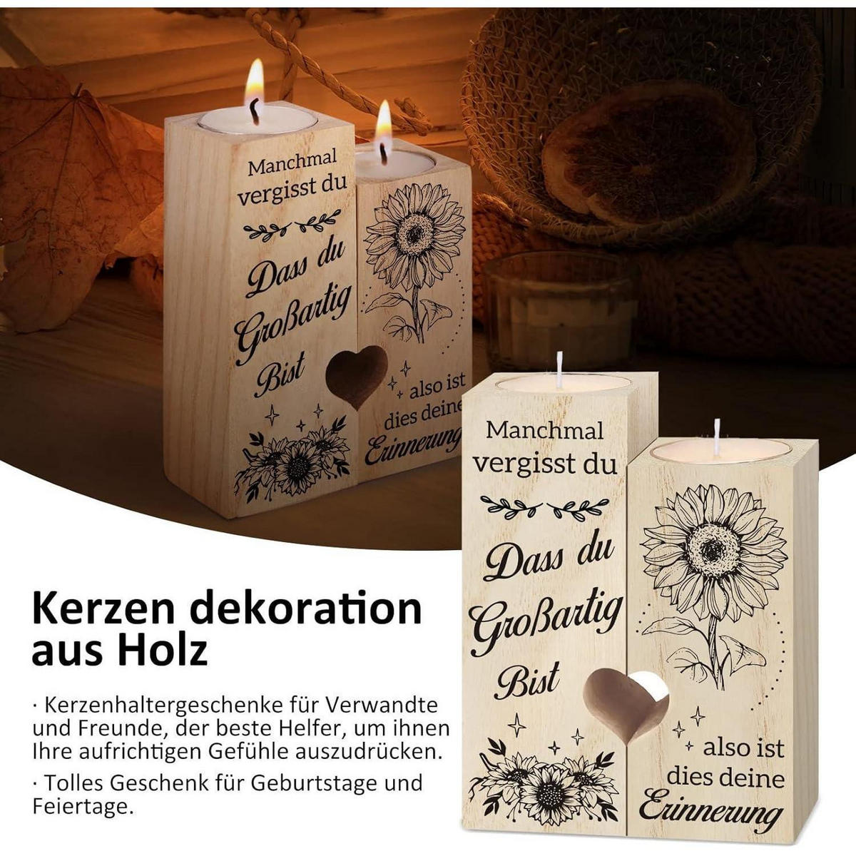 KERZENSTÄNDER Holz mit Spruch 12 cm - Braun, Holz (4/12/9cm)