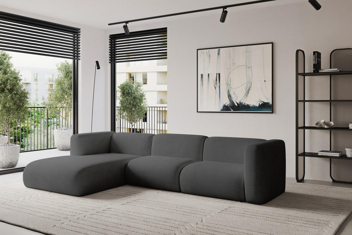 ECKSOFA Ottomane Links MIRA-L1 227x179x89 Dunkelgrau Velours - Dunkelgrau/Schwarz, Holzwerkstoff/Kunststoff (227/179cm) - ALTDECOR