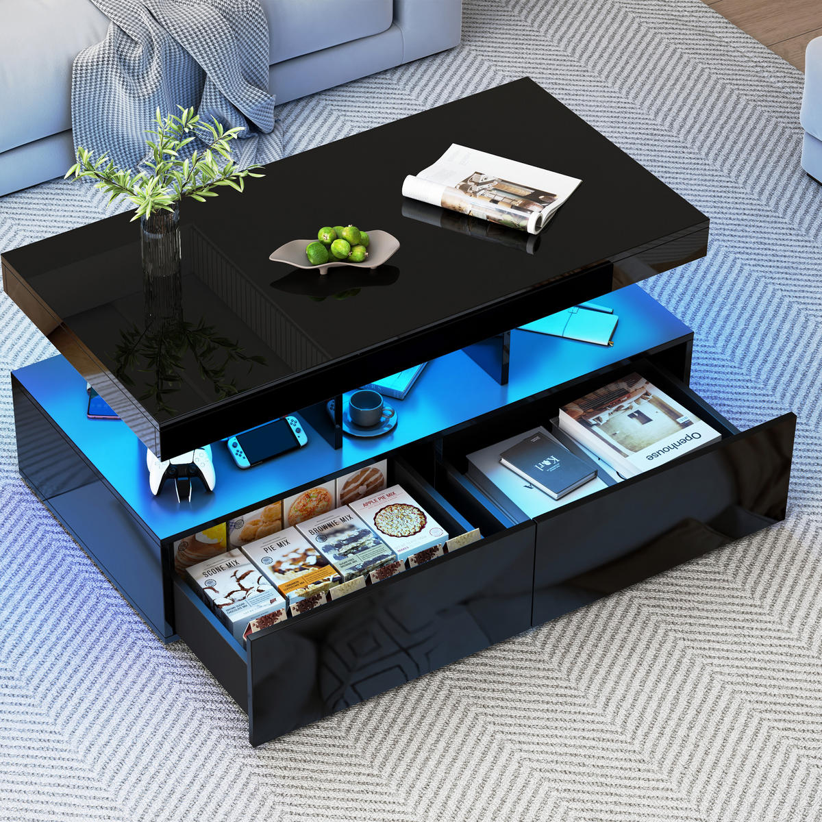 COUCHTISCH 2 Schubladen LED Stauraum modern schwarz - Schwarz, Holz (53/104/46cm) - LEBENLANG