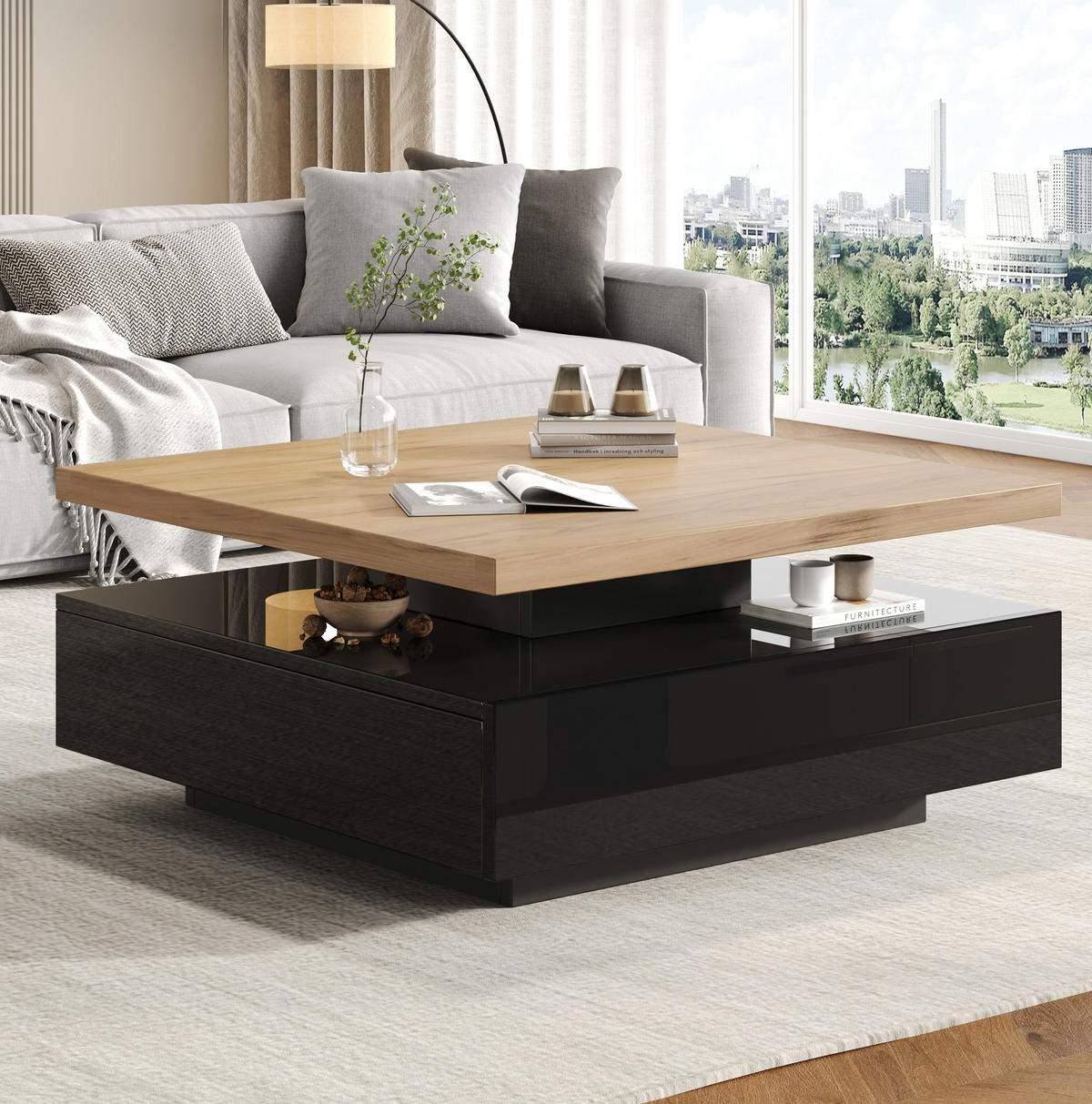COUCHTISCH 70/70 cm drehbar mit versteckter Schublade in Walnuss/Schwarz - Schwarz, Holzwerkstoff (70/70/36cm) - BEAOK