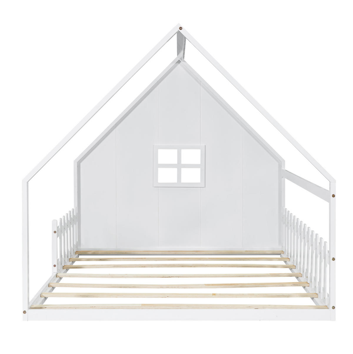 POLSTERBETT aus Kiefernholz und MDF 140x200 cm Weiß mit Hausdesign und Geländer - Weiß, Holzwerkstoff (140/200cm) - Modfu