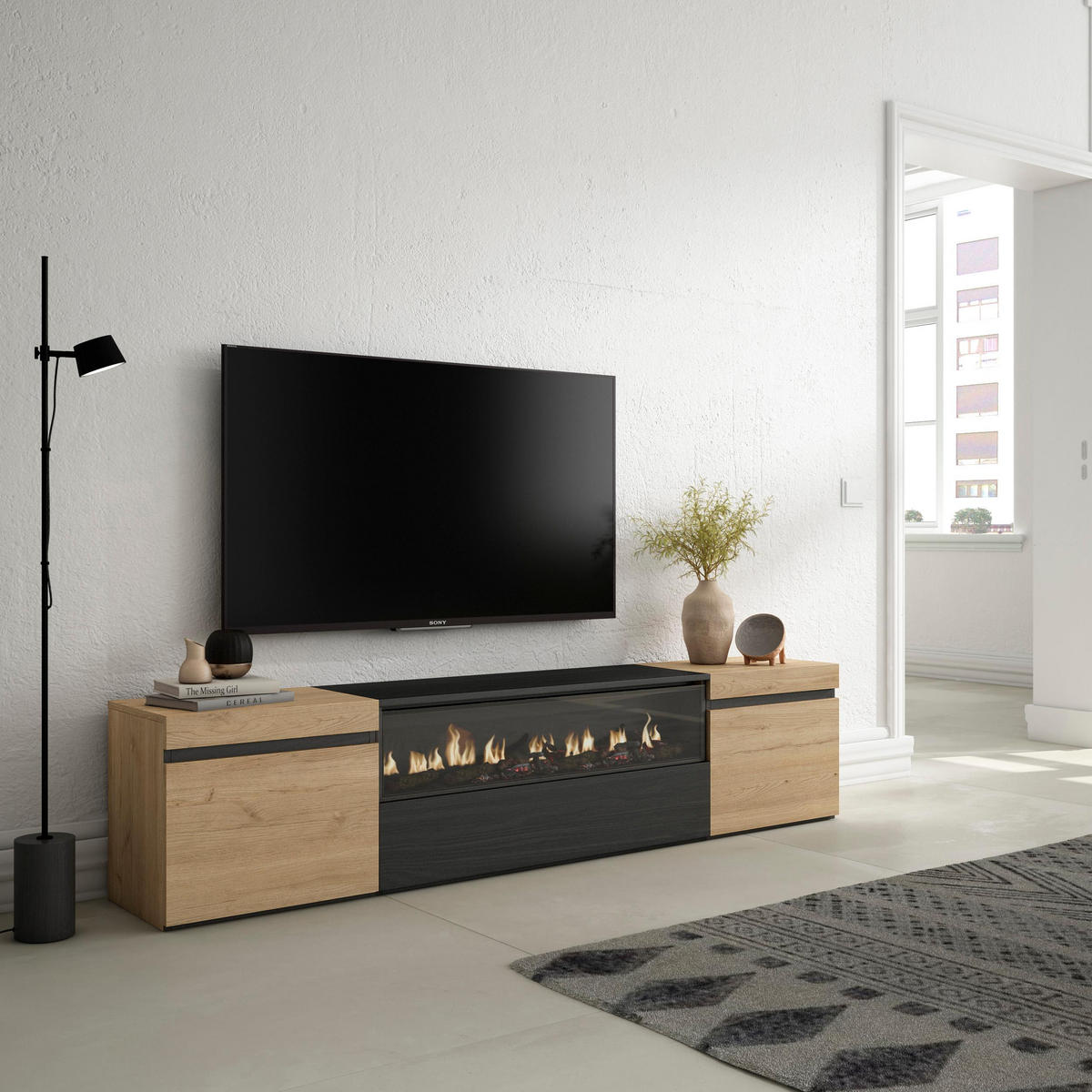LOWBOARD Elektrokamin, eiche, schwarz, 200/35/45cm - Eichefarben/Schwarz, Holzwerkstoff (200/45/35cm) - Skraut Home