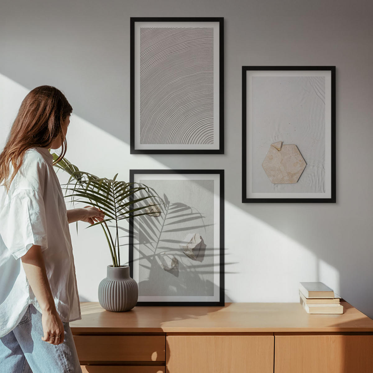 WANDBILDER 3er-Set - 40x60 cm Schwarzer Rahmen - Leichte Boho-Sandtexturen - Schwarz, Kunststoff (40/60cm) - ArtPrintCave