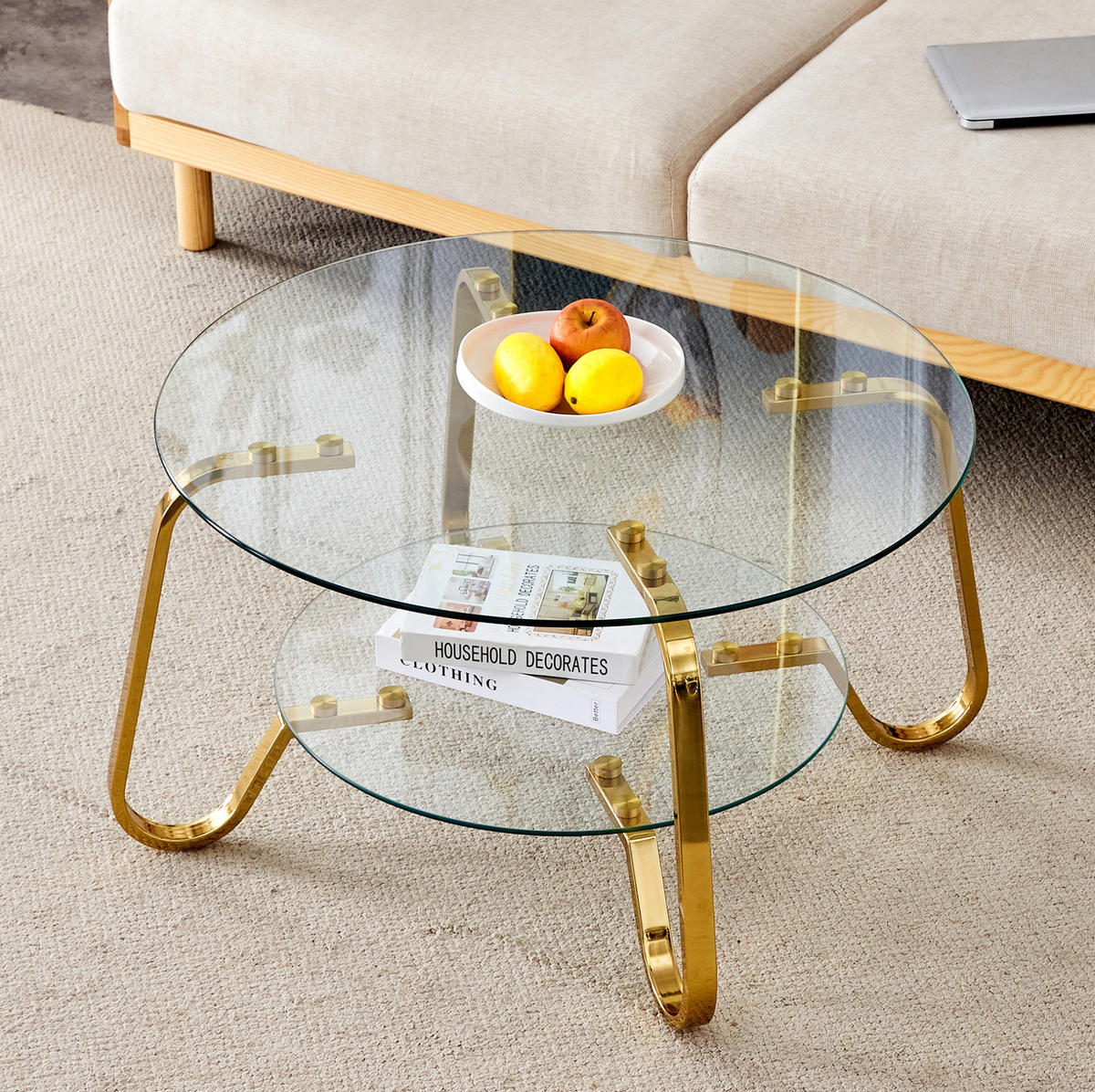 COUCHTISCH 80/80/45 cm mit 2 Glasablagen und Metallgestell in Goldoptik, Gold - Goldfarben, Metall (80/80/45cm) - Redom