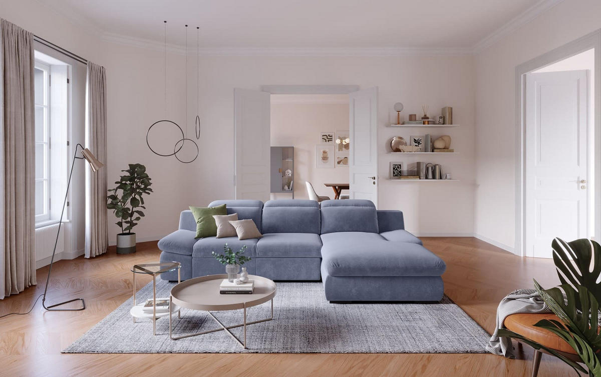 ECKSOFA mit Schlaffunktion und Bettkasten - Blau, Kunststoff/Textil (168/276cm) - Cotta
