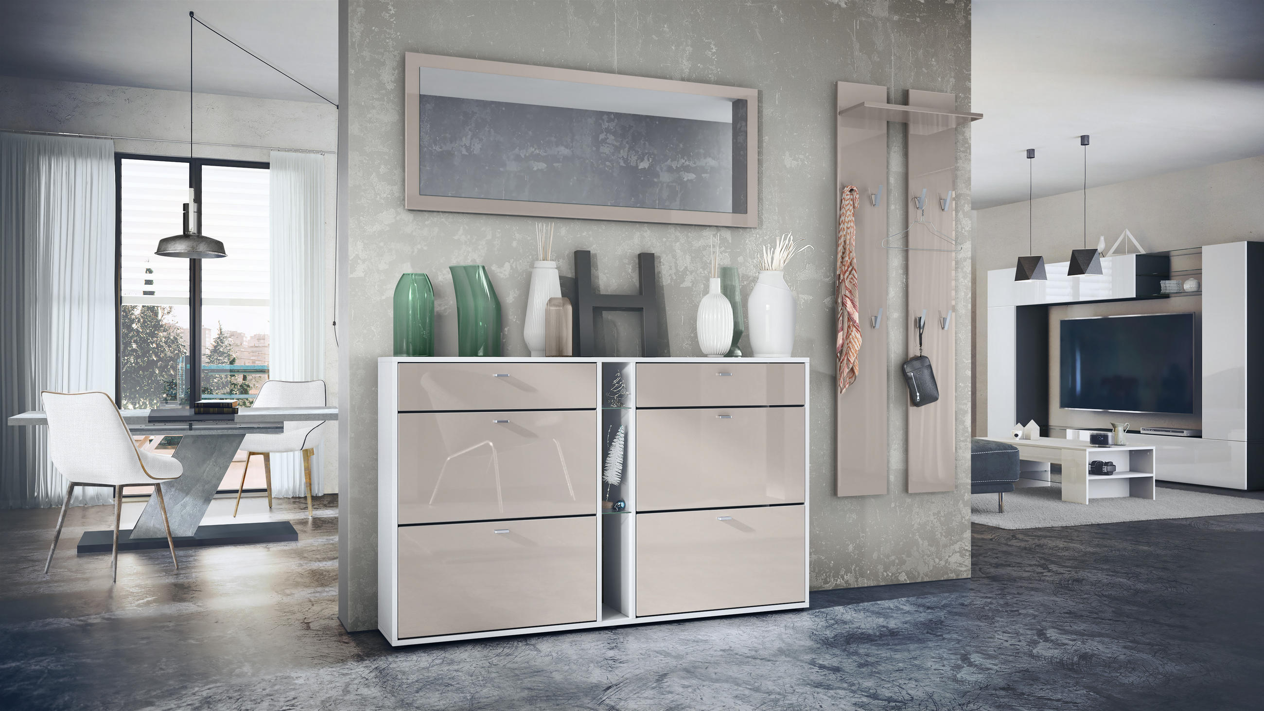 GARDEROBE Orlando Sandgrau Hochglanz - Sandfarben, Holzwerkstoff (215/210/28cm) - Vladon