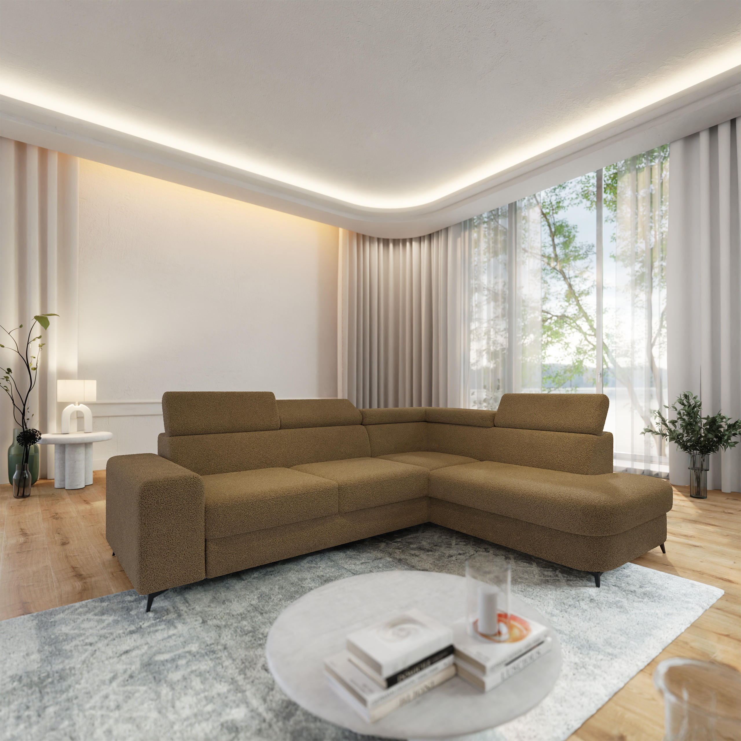 ECKSOFA ALVORO R-S Orange Boucle-Stoff mit Schlaffunktion - Orange, Holz (253/190cm) - MASSENO