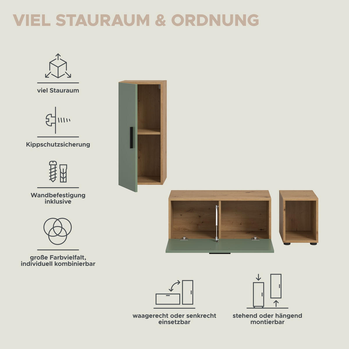 WOHNWAND Primo 3 tlg. (B/H/T: ca. 75/34/34 cm) in Artisan Oak Nachbildung/Smoke Green - Eiche Artisan, Holzwerkstoff (75/34/34cm)