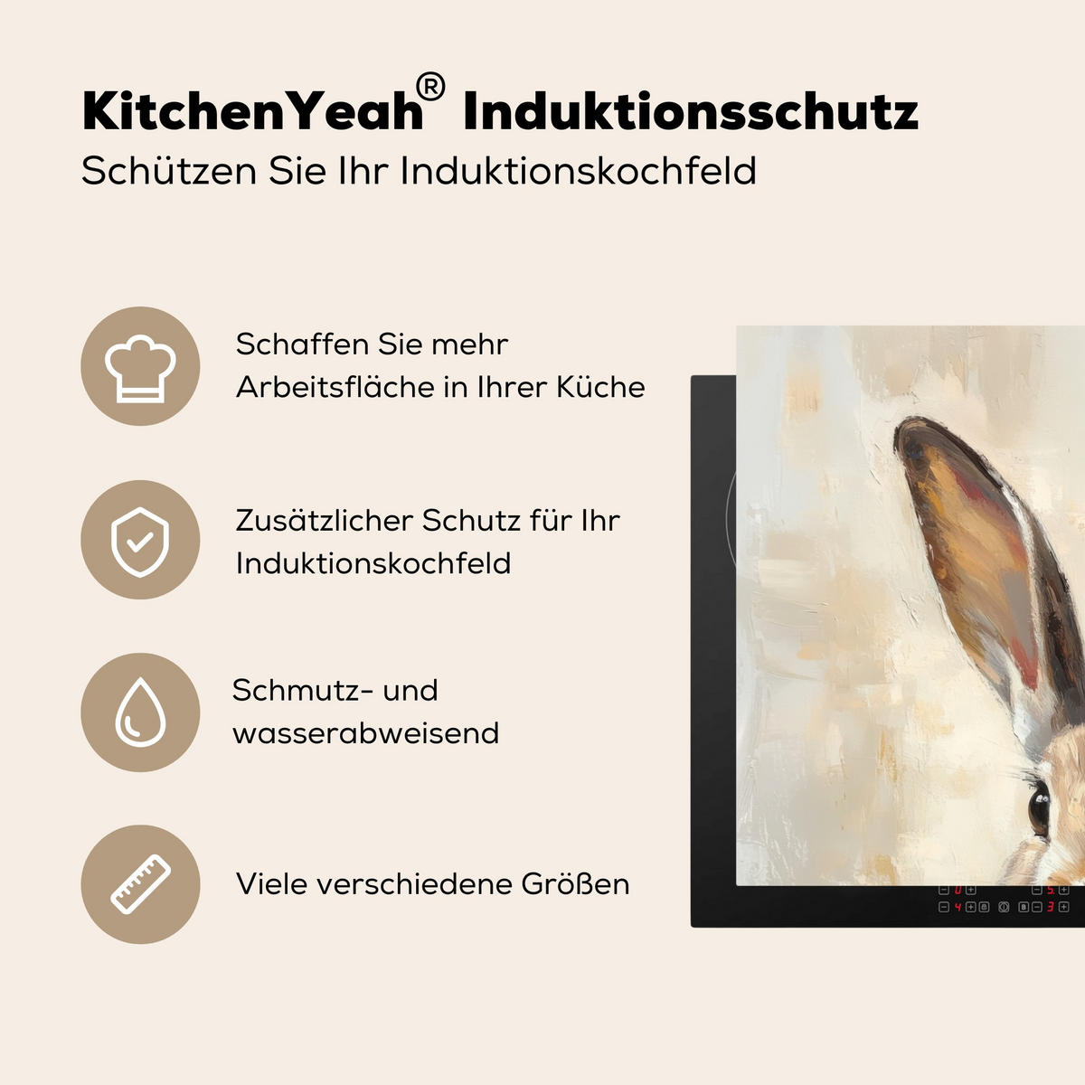 HERDABDECKPLATTE Hase - Ohren - Braun Herdabdeckung Induktionsfeld 75x52 cm - Beige, Kunststoff (75/52/0.2cm) - MuchoWow