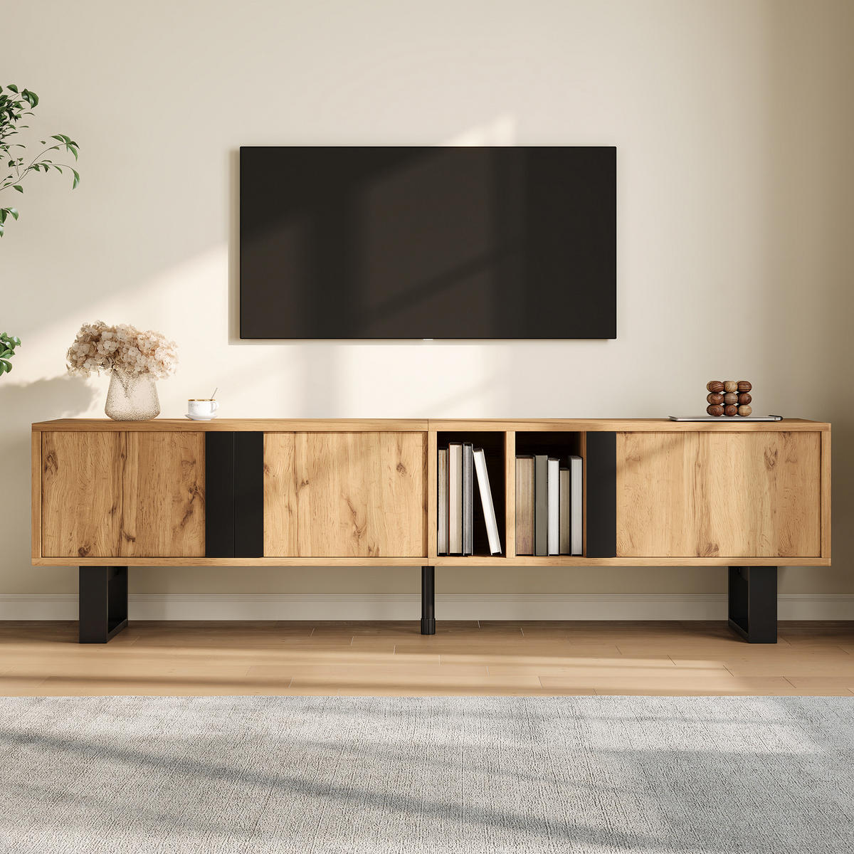 TV-LOWBOARD 160 x 40 x 50 cm aus MDF/Spanplatte, 3 Türen, offene Fächer, schwarze Füße, Natur - Naturfarben, Holzwerkstoff (160/50/40cm)
