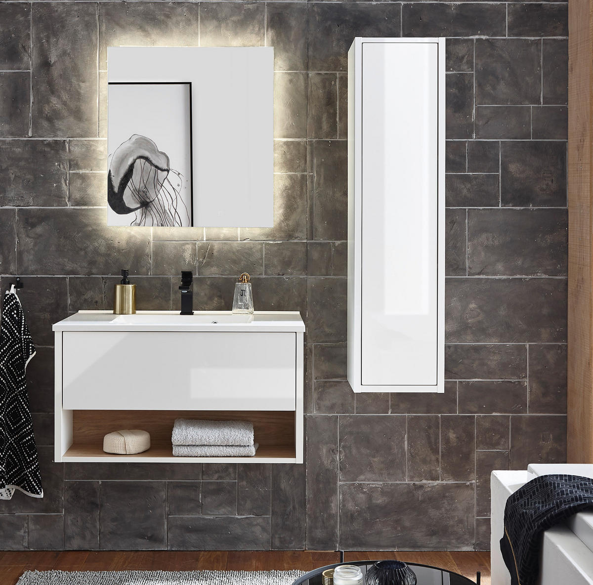 BADMÖBE-SET weiß Hochglanz, Eiche 3-teilig 120 cm, Komplettset mit Waschbecken, LED Beleuchtung - Weiß Hochglanz/Eichefarben, Glas/Holzwerkstoff (120/190/47cm) - Furn.Design