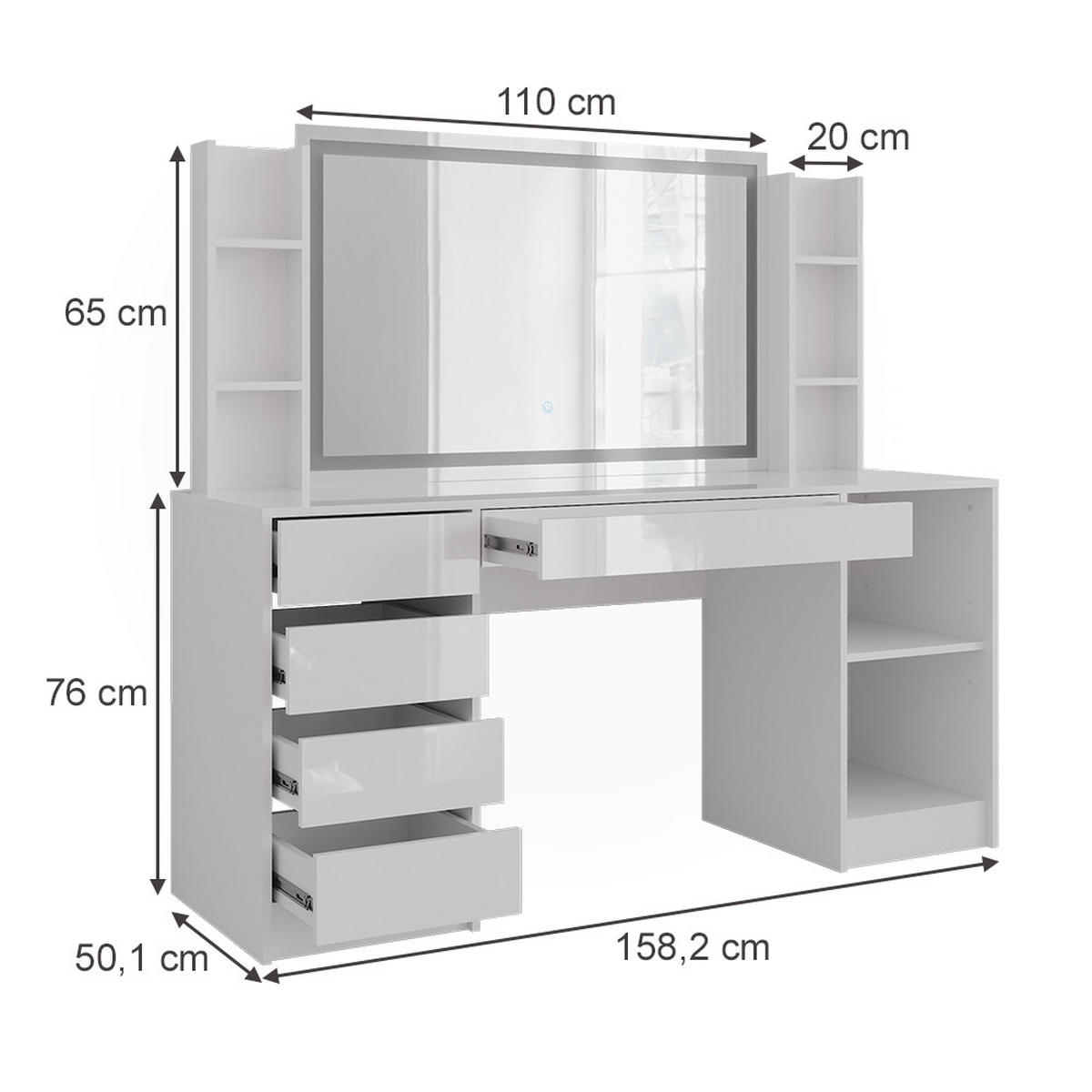 SCHMINKTISCH Sherry Weiß/Weiß Hochglanz 158.2 cm 4 Teile - Weiß Hochglanz, Holzwerkstoff (158.2/76/50.1cm) - Vicco