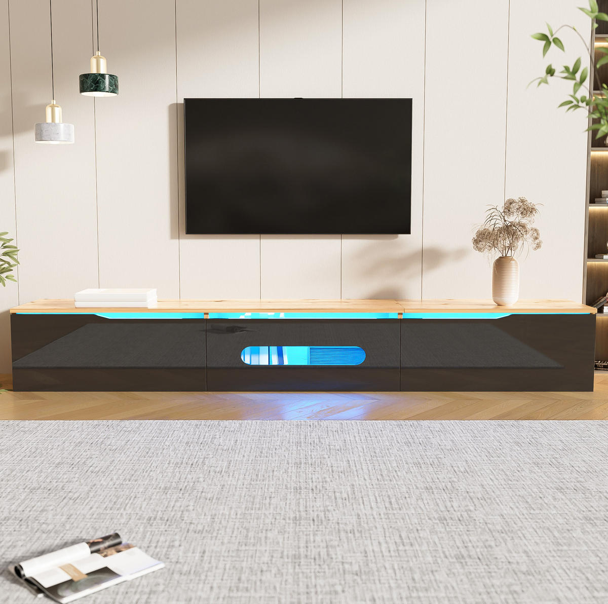 TV-SCHRANK Hochglanz in Schwarz und Holzfarbe 180/35/30 cm - Schwarz, Holzwerkstoff (180/30/35cm) - Redom