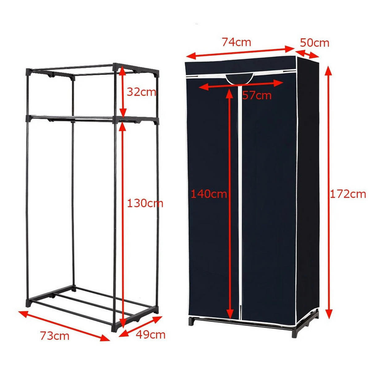 STOFFKLEIDERSCHRANK mit Kleiderstange schwarz - Schwarz, Textil (74/172/50cm) - COSTWAY