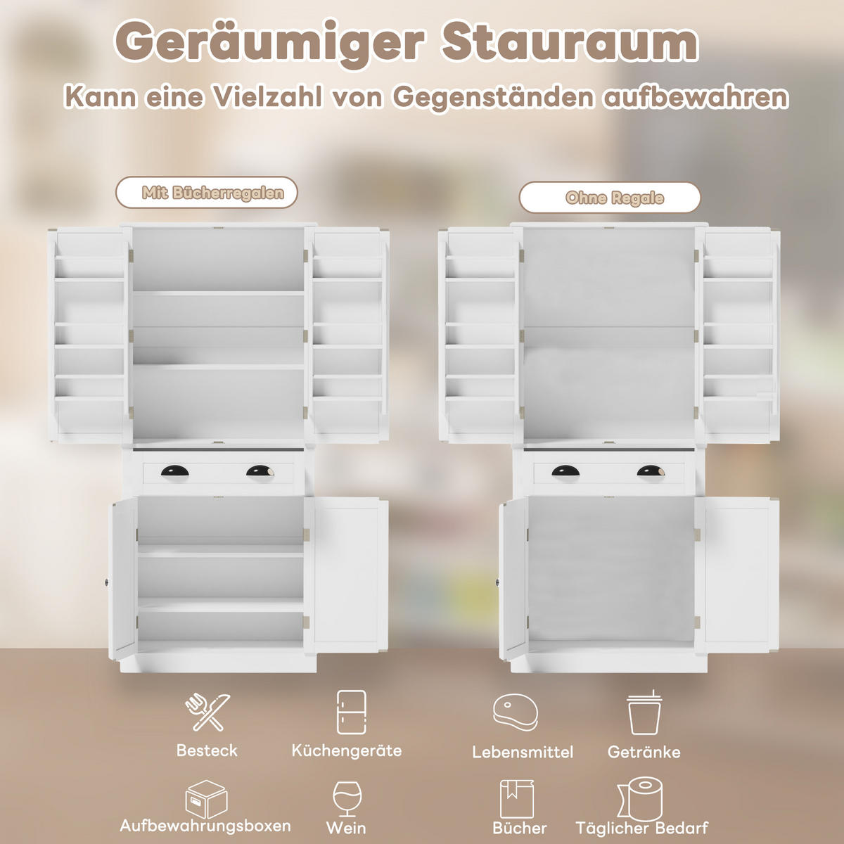 KÜCHENBUFFET mit 4 Türen, 1 Schubladen und verstellbaren Einlegeböden, 80 x 40 x 182 cm, Weiß, MDF - Weiß, Holzwerkstoff (80/182/40cm) - SONNENH
