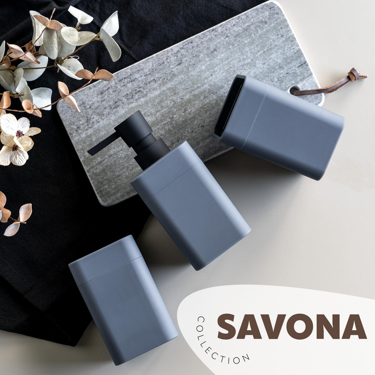 BADEZIMMER-SET SAVONA, Soft-Touch, grau, eckig - Grau, Kunststoff (7/16/9cm) - bremermann