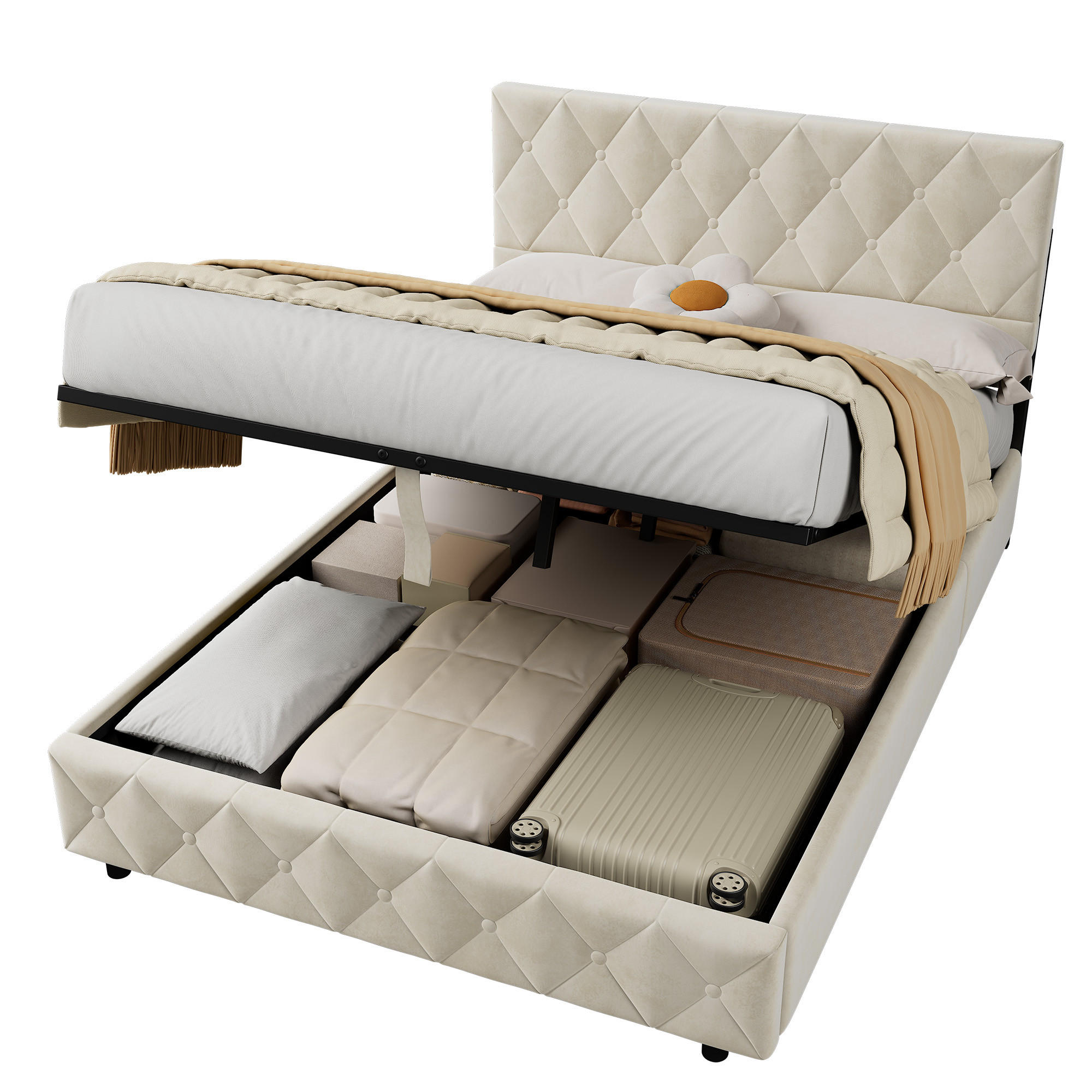 POLSTERBETT 140/200 cm in Beige Samt mit Bettkasten, hydraulischem Doppelhub-System und Lattenrost - Beige, Holzwerkstoff/Textil (140/200cm) - CHICFURN