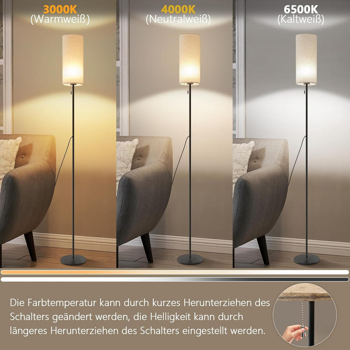 LED STEHLAMPE Sonnfried 14/16/151 cm - Schwarz, Textil/Metall (14/16/151cm) - ZMH