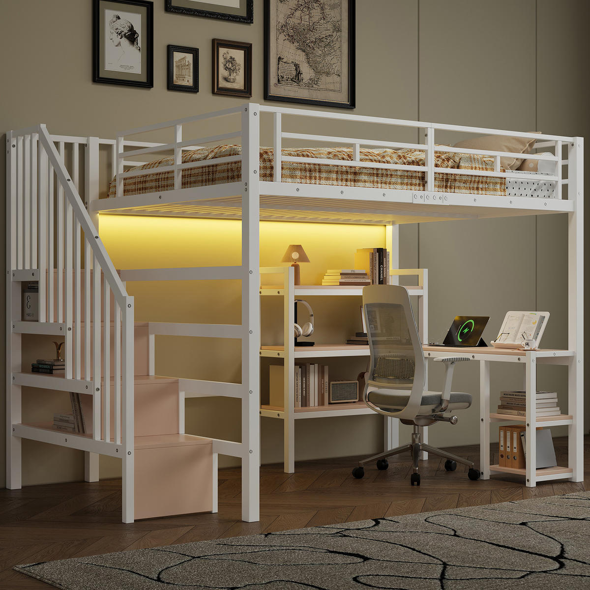 HOCHBETT 140/200 cm in Weiß mit Schreibtisch, Ablagefächern, LED und USB - Weiß, Holzwerkstoff/Metall (140/200cm) - WISHDOR