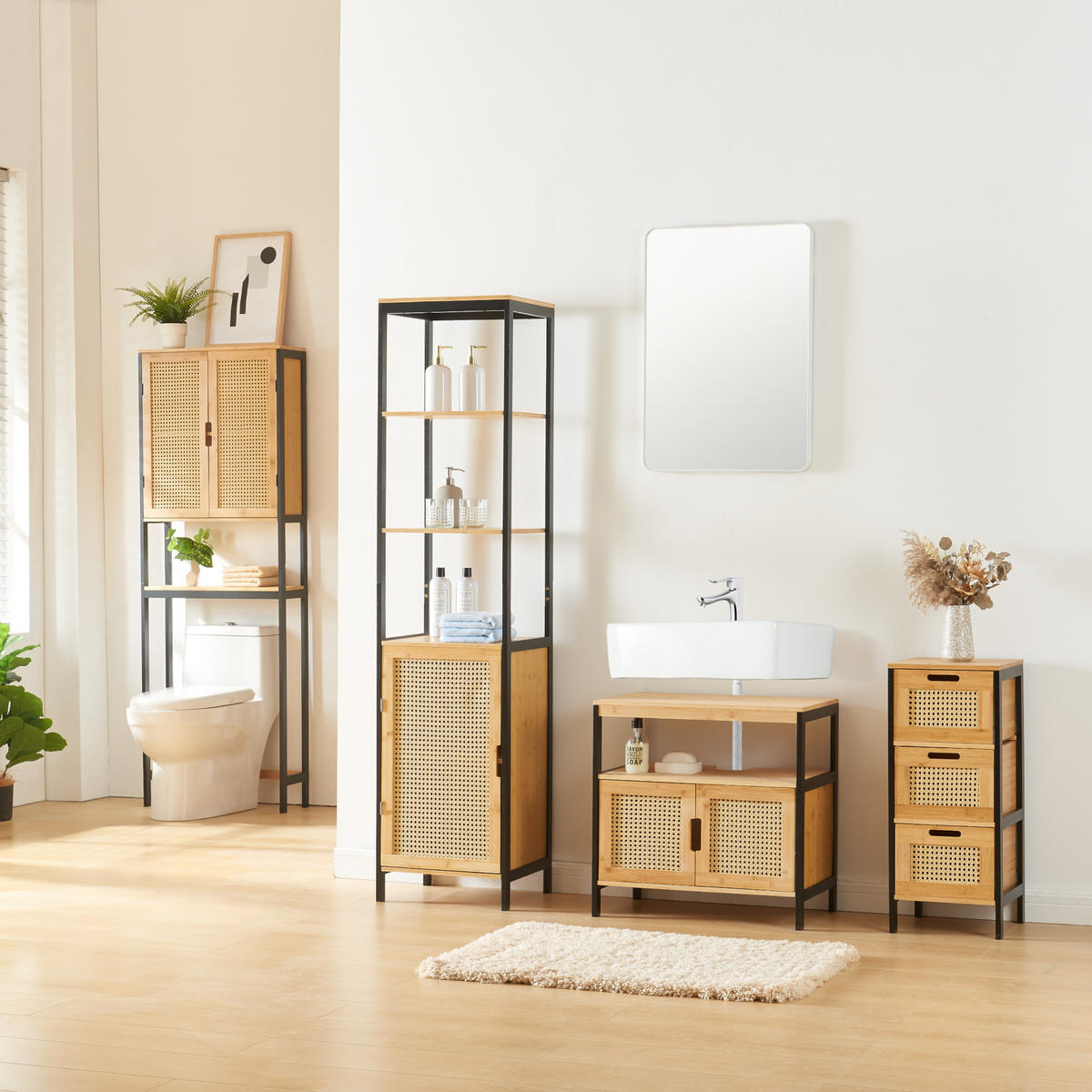 BADKOMMODE Tervola - Schwarz/Naturfarben, Holz (30/72/30cm) - [en.casa]