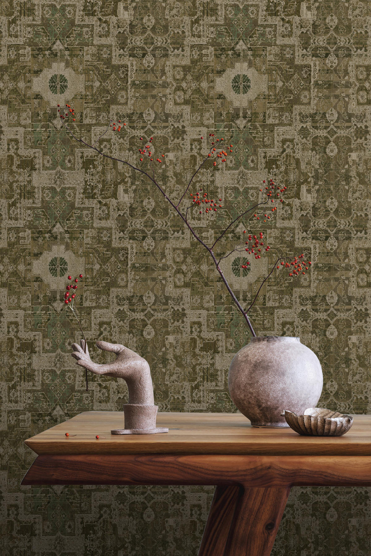 TAPETE orientalisches Kelim-Patchwork 50 x 900 cm - Grün, Papier (50/900cm) - ESTAhome