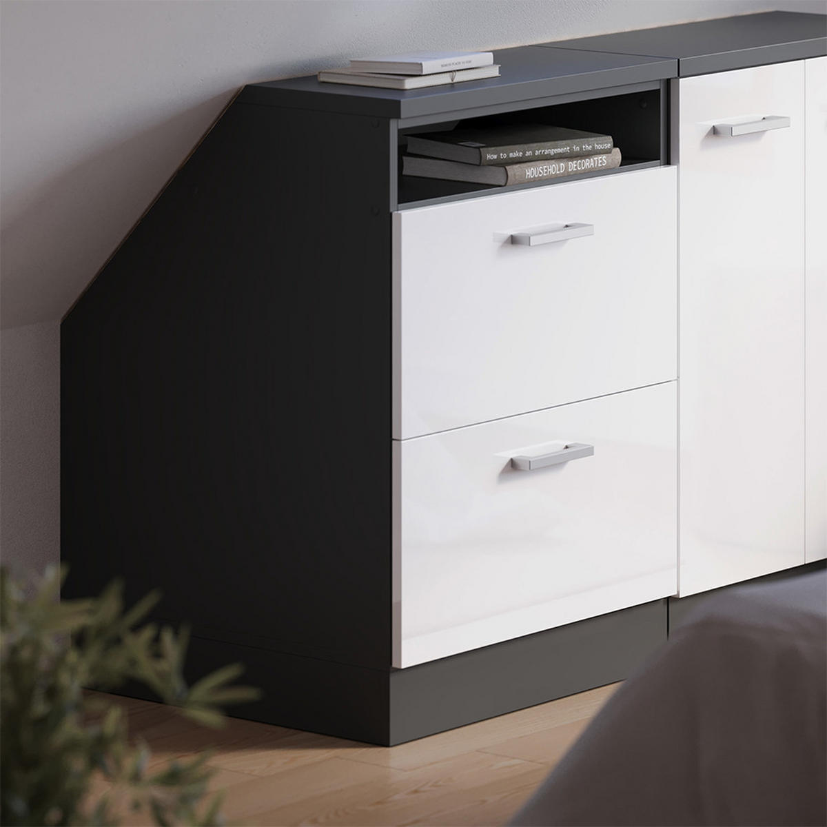 KUHINJSKI ORMAR ZA KOSINE KROVA R-Line Sjajna Bijela 60 cm s 2 ladice, korpus ormara dubine 60 cm - bijela visoki sjaj/antracit, drvni materijal (60/83.8/60cm) - Vicco