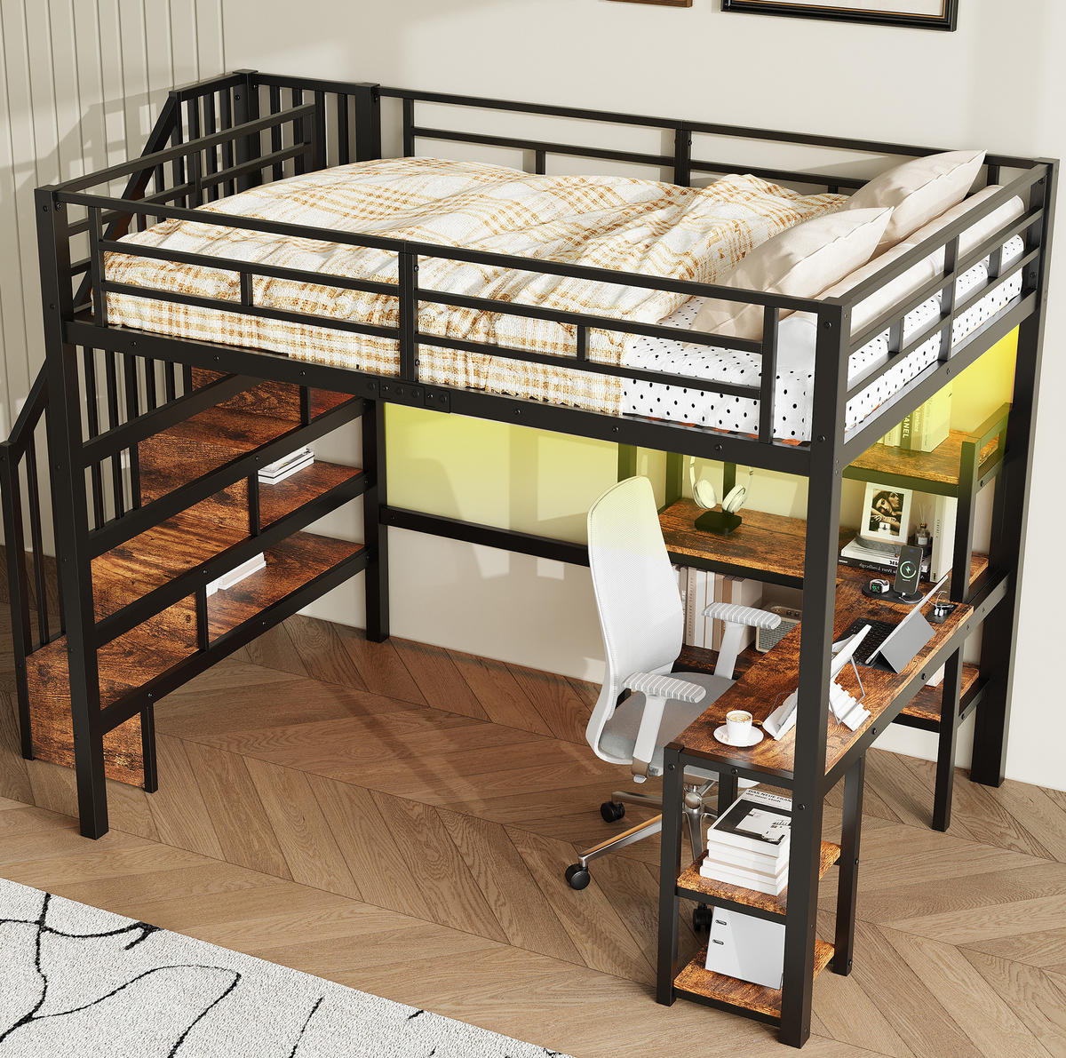 HOCHBETT MDF Metall 140x200 cm Schwarz mit Schreibtisch, Stauraumtreppe, Regal, LED und Ladestation - Schwarz, Holzwerkstoff (140/200cm) - Modfu
