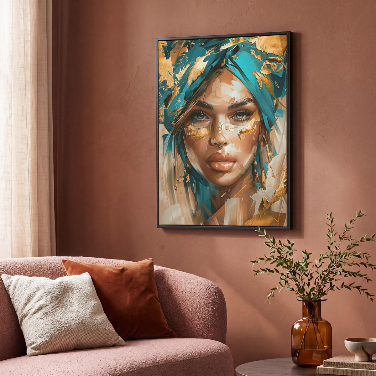 LEINWAND Bilder mit Rahmen - Frau - Porträt - Gold - Luxus - Blau - 70x100 - Türkis, Textil (70/100cm) - MuchoWow