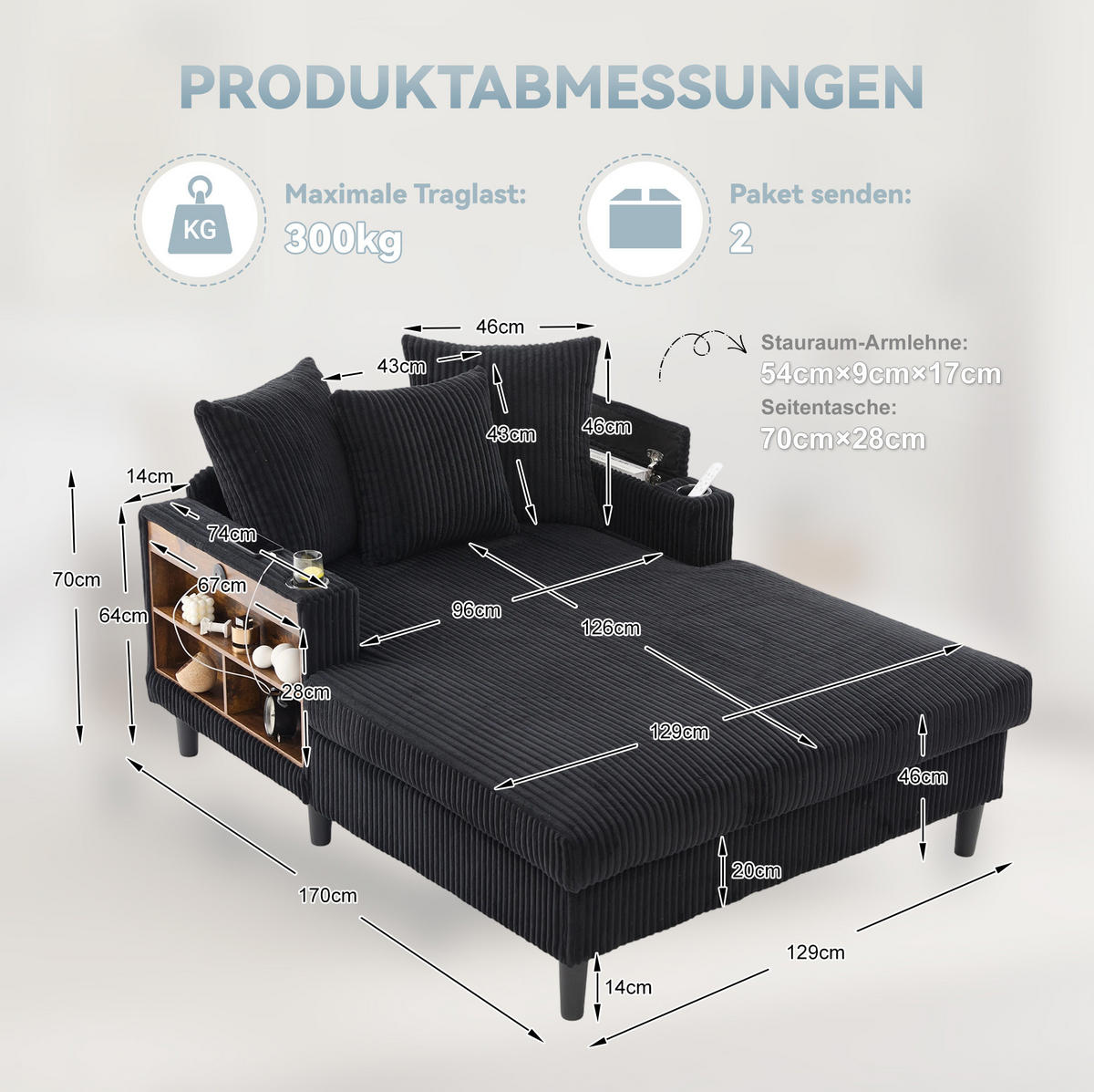 SCHLAFSOFA 129/170/70 cm aus Cord mit LED-Beleuchtung und USB-Anschluss Schwarz - Schwarz, Textil (170/70/129cm) - Modenvie