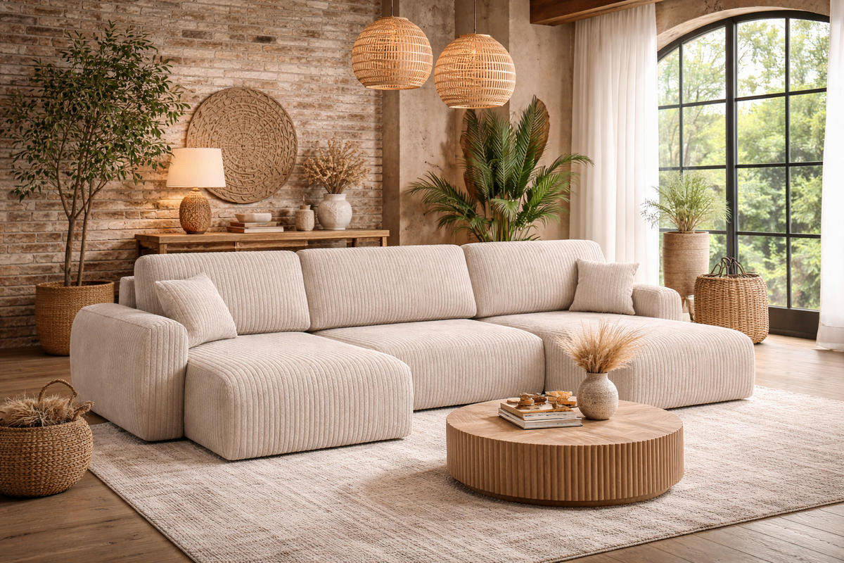 ECKSOFA Mit Schlaffunktion Und Bettkasten U-Form Ariel U, Cordstoff Poso, Beige - Beige, Holz (342/142cm) - Kaiser Möbel