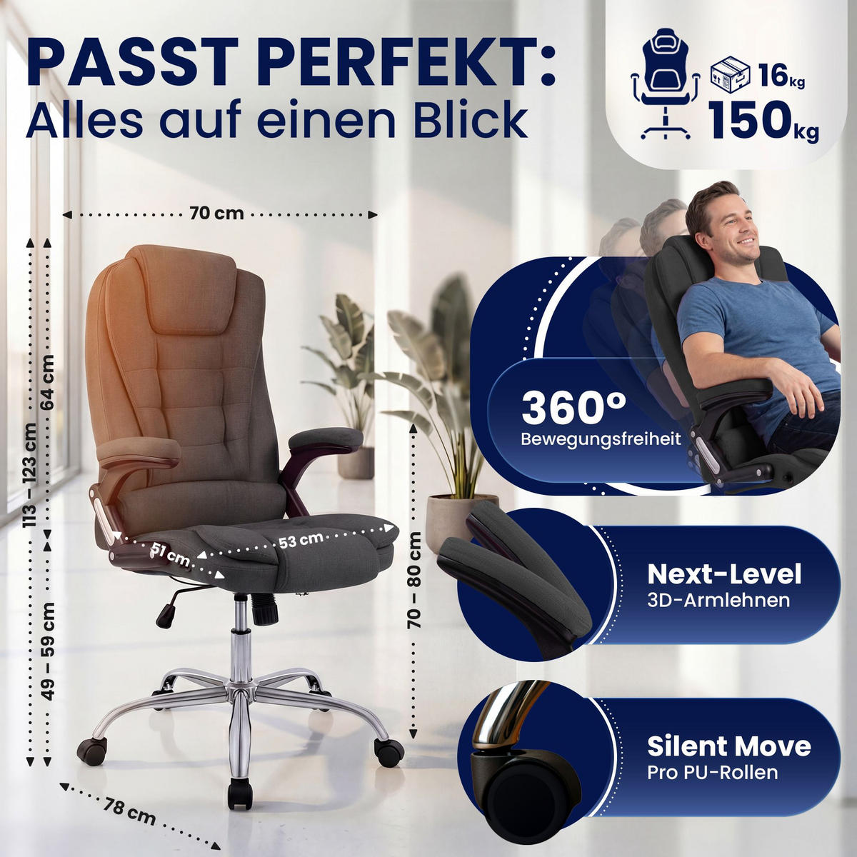 CHEFSESSEL Stoff Dunkelgrau - Chromfarben/Dunkelgrau, Textil/Metall (69.5/113/78cm) - CLP