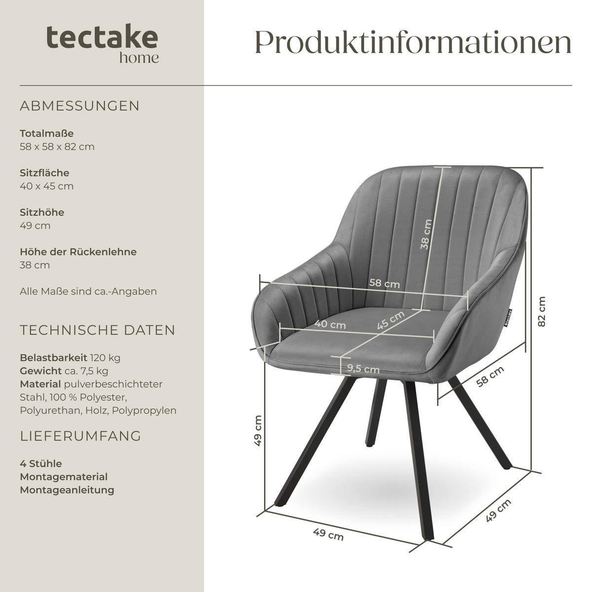 ARMLEHNSTUHL drehbarer 4er Set Snug 58 x 58 x 82 cm grau - Grau, Textil (58/82/58cm) - tectake