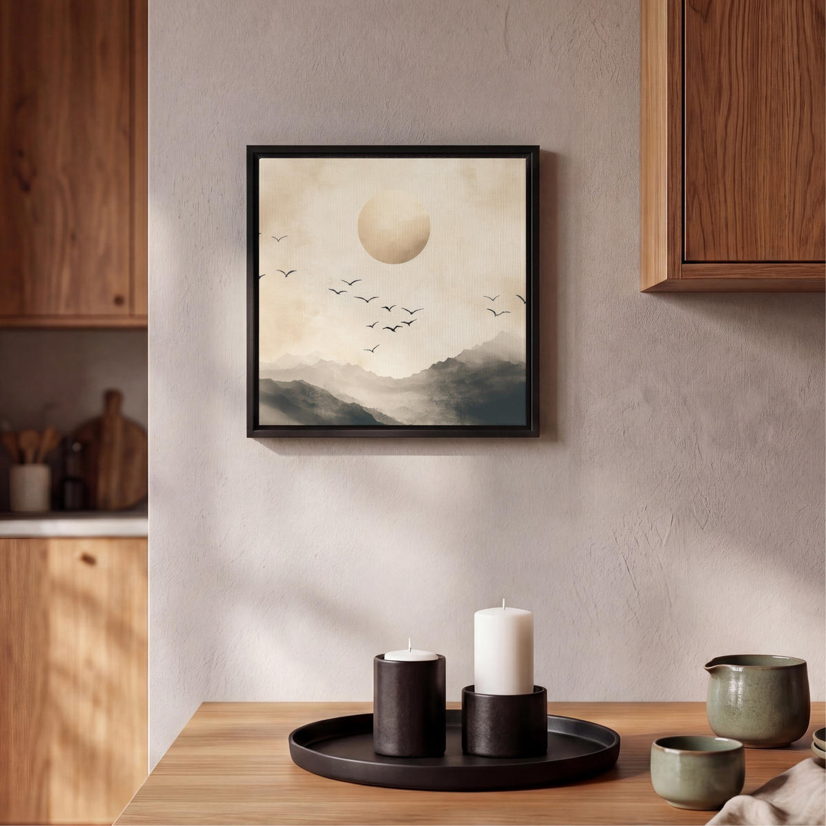 LEINWAND Bilder mit Rahmen - Landschaft - Japandi - Vogel - 20x20 - Beige, Textil (20/20cm) - MuchoWow