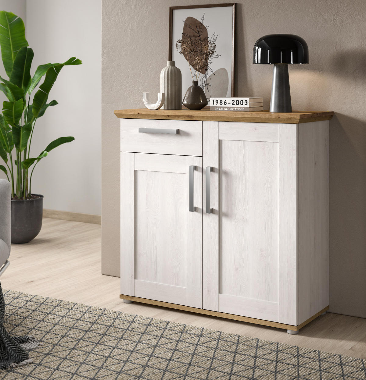 KOMMODE weiß Lärche, Eiche Artisan 95 cm, Sideboard im Landhaus-Stil - Silberfarben/Weiß, Holzwerkstoff/Kunststoff (95/92/39cm) - Inn.Furn