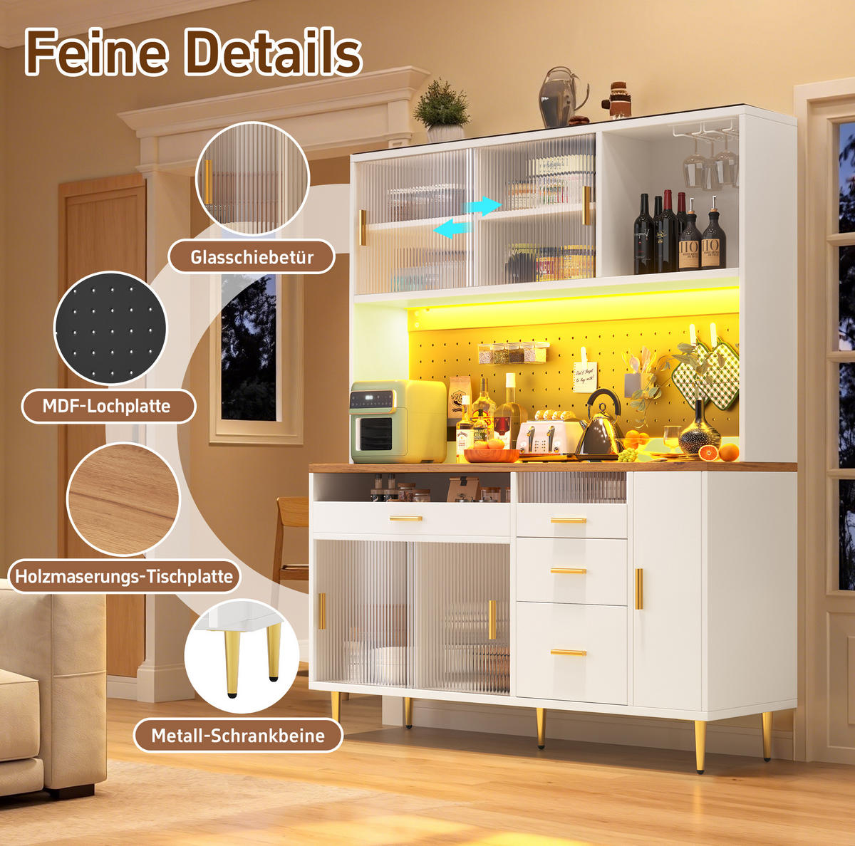 BUFFET 145/39/171 cm weiß aus MDF und Glas mit LED - Weiß, Glas (145/171/24cm) - OKWISH
