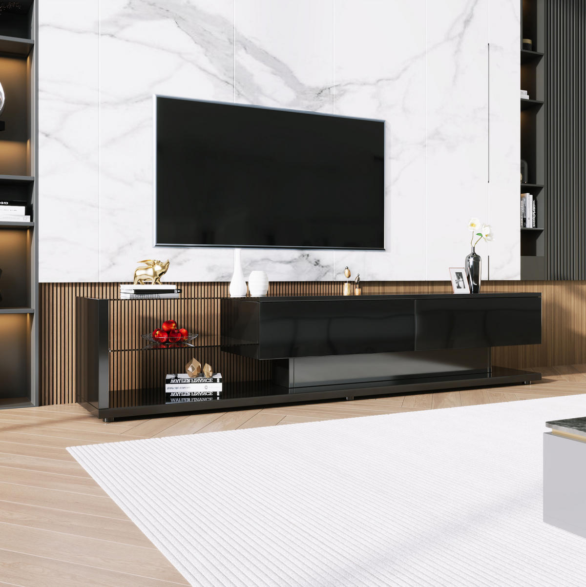 TV-ELEMENT mit LED und Glasregalen 170 cm Schwarz Hochglanz - Schwarz, Holzwerkstoff (36/38/170cm) - Beauniv
