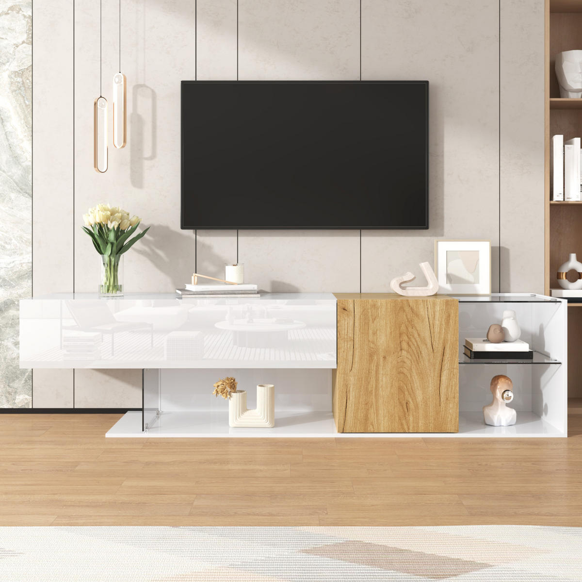 TV-KOMMODE in Hochglanz Weiß mit Holzoptik und Glasregalen 180/38/48 cm - Weiß, Holzwerkstoff (180/48/38cm) - Redom