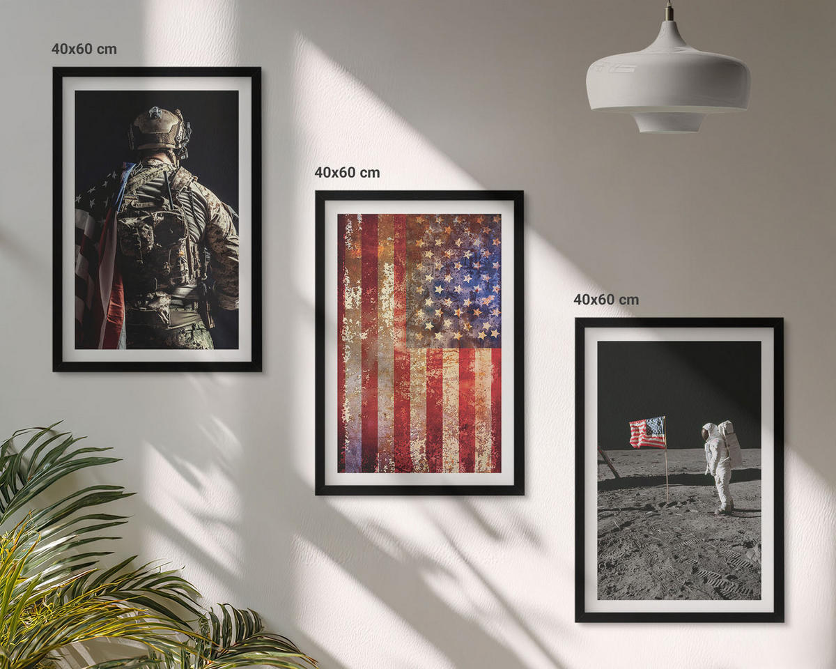 BILDER SET 3er Set - 40x60 cm Schwarzer Rahmen - Amerikanische Symbole, USA-Flagge - Schwarz, Kunststoff (40/60cm) - TULUP