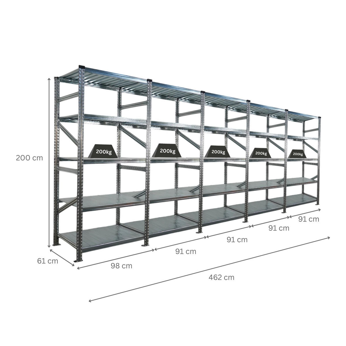 FACHBODENREGAL PROXIMO 200x450x70cm 5 Ebenen Beidseitig nutzbar Verzinkt - Silberfarben, Metall (450/200/70cm) - PROREGAL