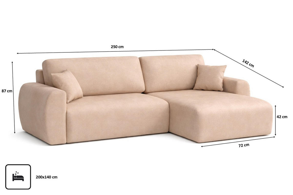 ECKSOFA Mit Schlaffunktion Ariel L, Velours, Stoff Salvador, Beige, Rechts - Beige, Holz (250/142cm) - Kaiser Möbel
