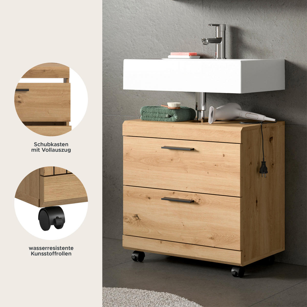 WASCHBECKENUNTERSCHRANK auf Rollen SCOUT (B/H/T: ca. 60/60/34 cm) in Artisan Eiche Nachbildung/Artisan Eiche Nachbildung - Eiche Artisan, Holzwerkstoff (60/60/34cm)