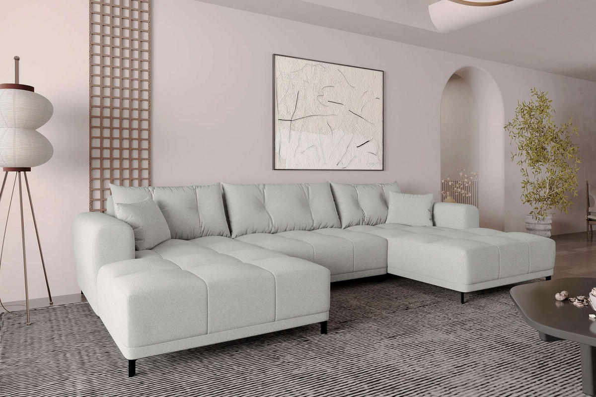 WOHNLANDSCHAFT Strukturstoff Hellgrau inkl. Schlaffunktion - Hellgrau/Schwarz, Textil/Metall (348/94/181cm) - 99rooms