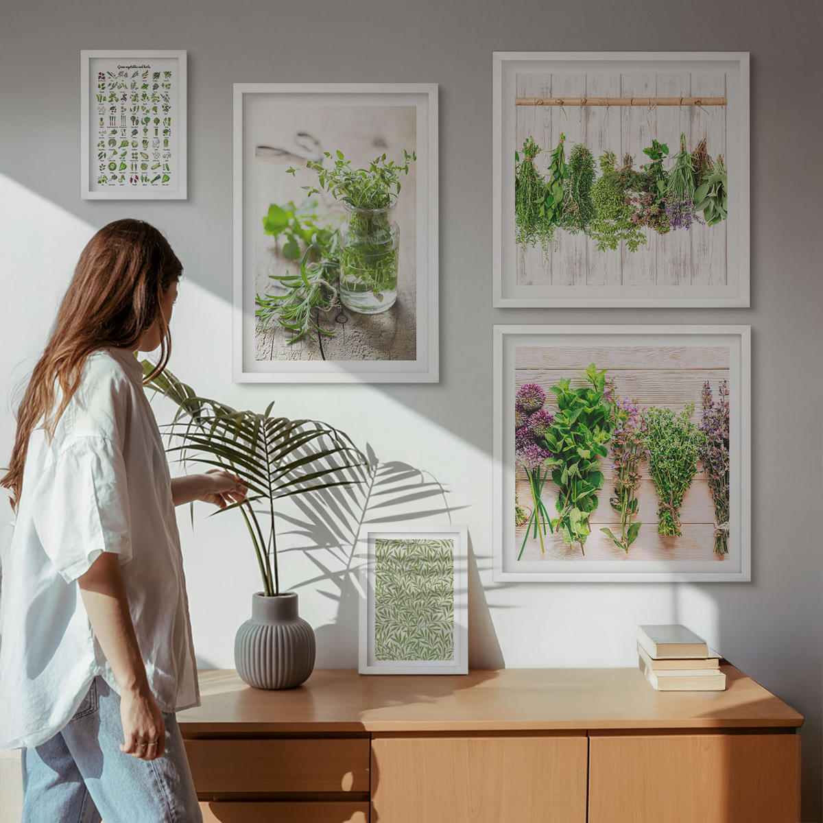 BILDER SET 5er Set - 50x50 cm & 20x30 cm & 40x60 cm Weißer Rahmen - Getrocknete Kräuter für die Küche - Weiß, Kunststoff (40/60cm) - TULUP
