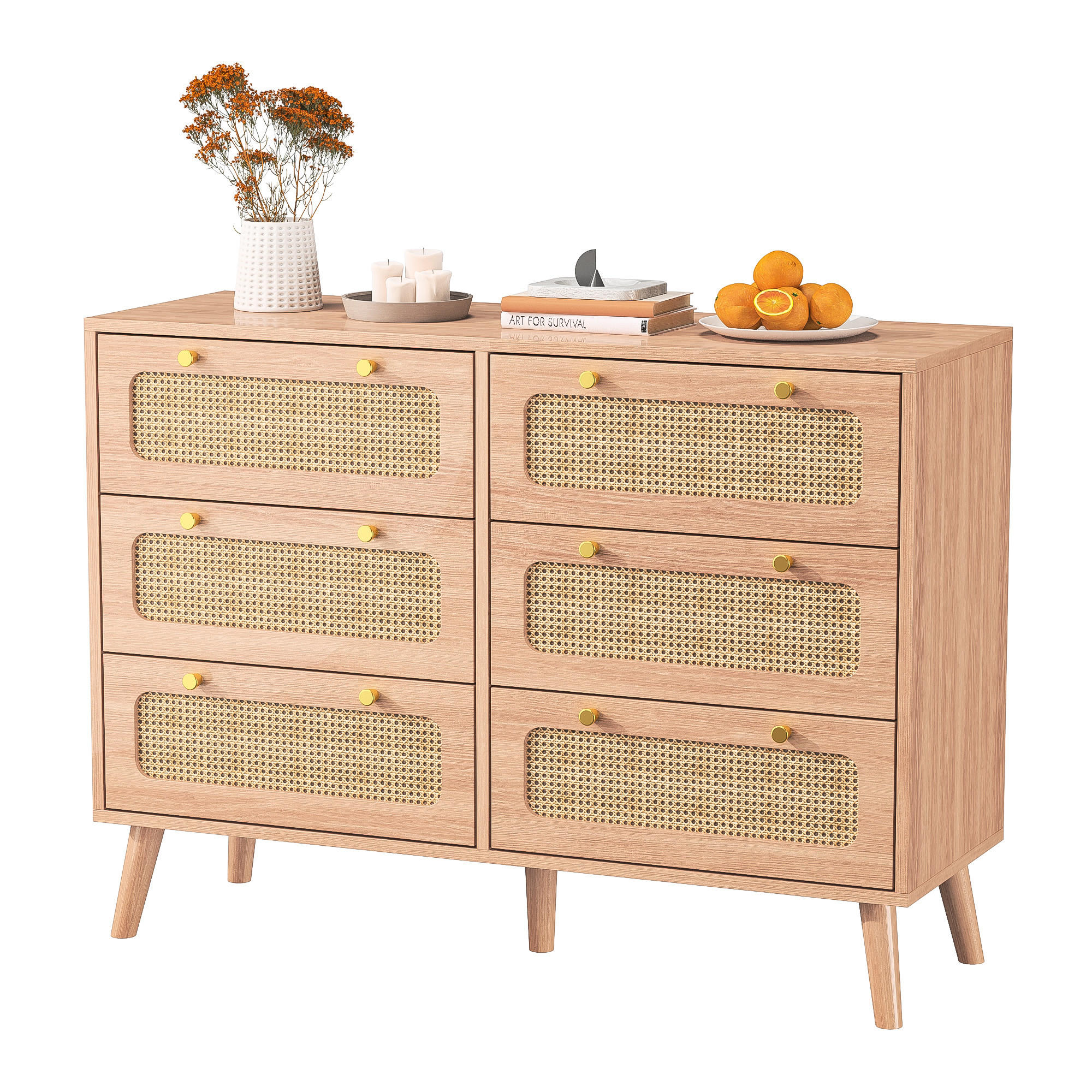 KOMMODE Buffet mit 6 Schubladen, Massivholzbeinen, Modernes Design, Braun - Braun, Holz (34/73/100cm)