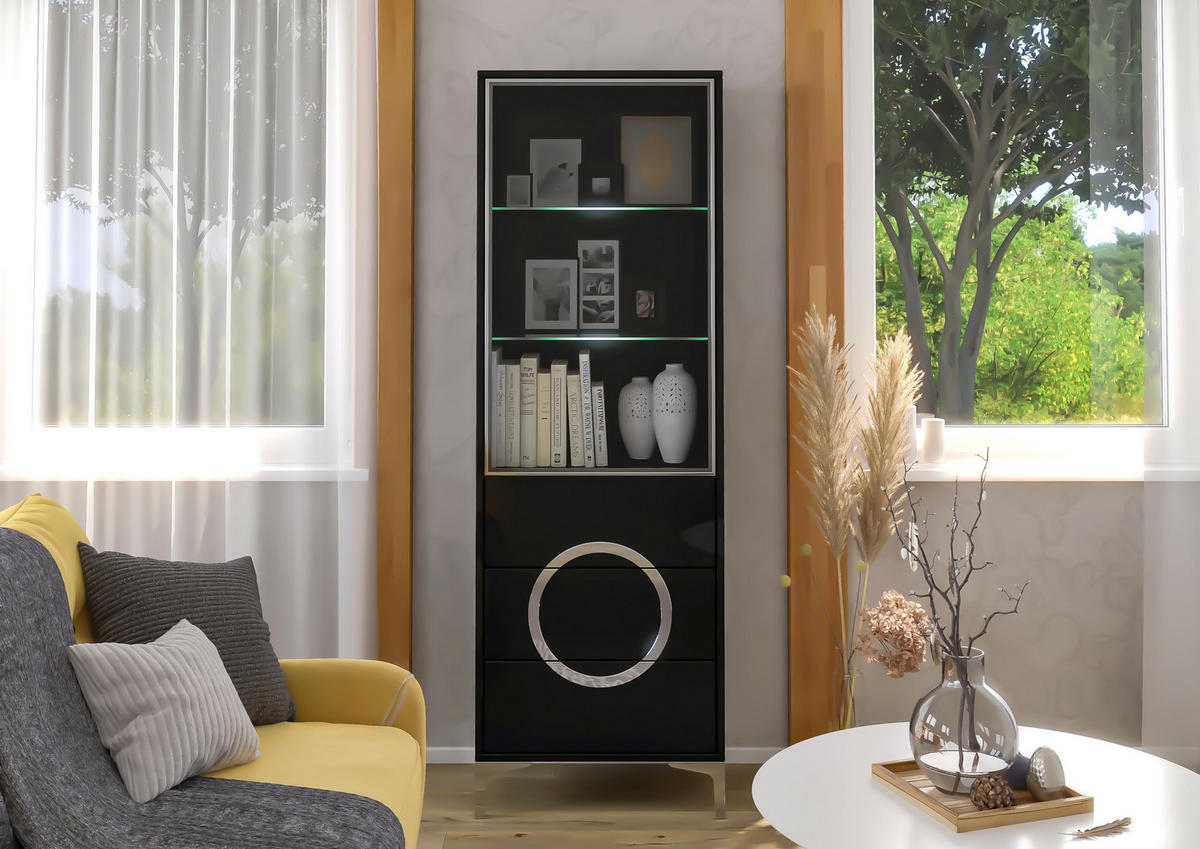 VITRINE Eva, Schwarz, Silberne Akzente, Hochglanz - Schwarz Hochglanz/Silberfarben, Holzwerkstoff/Metall (60/180/38cm) - Kayani