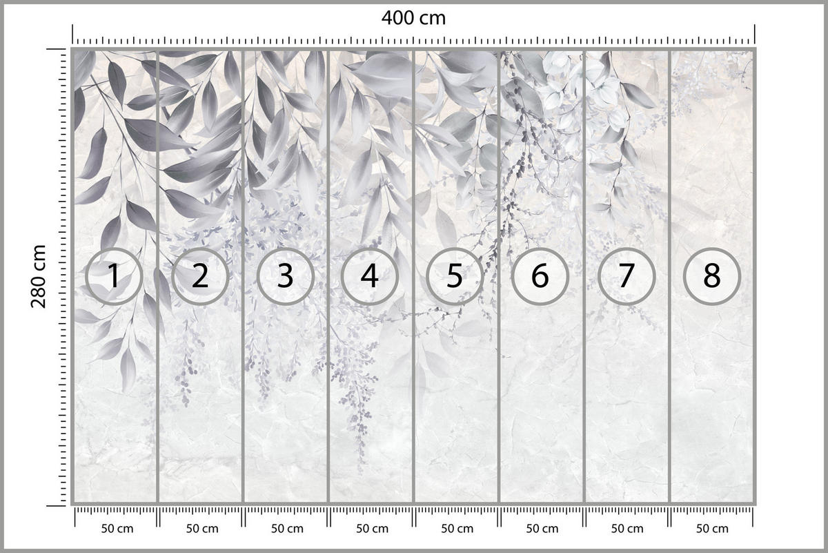 FOTOTAPETA Pre Spálňu Subtílne Popínavé Listy Sivá 400 x 280 cm - sivá/biela, papier (400/280cm) - Muralo