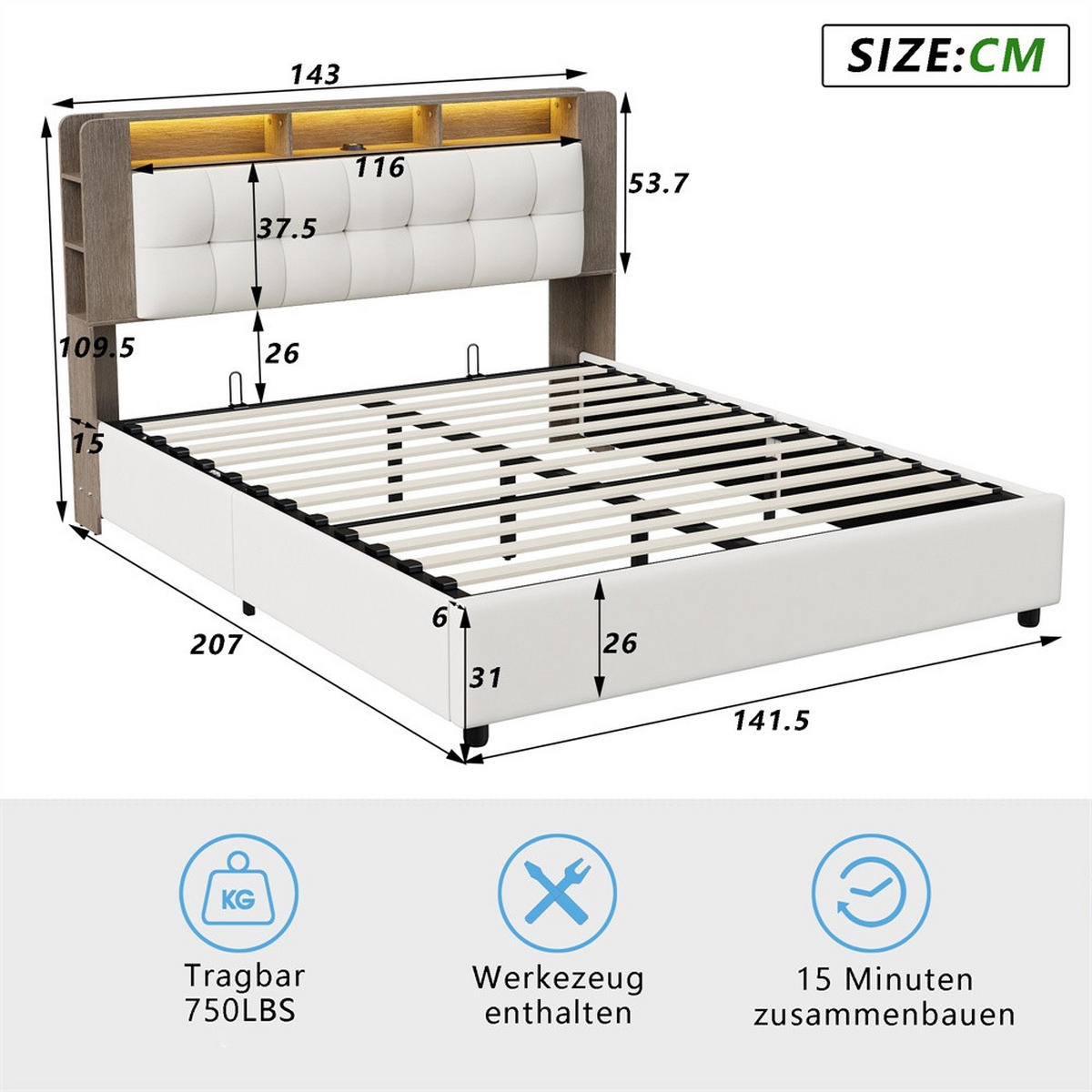 POLSTERBETT 140x200 cm - mit LED-Ablagekopfteil und hydraulischem Bettkasten - ohne Matratze - Off-White - Creme, Textil (140/200cm) - DELFA