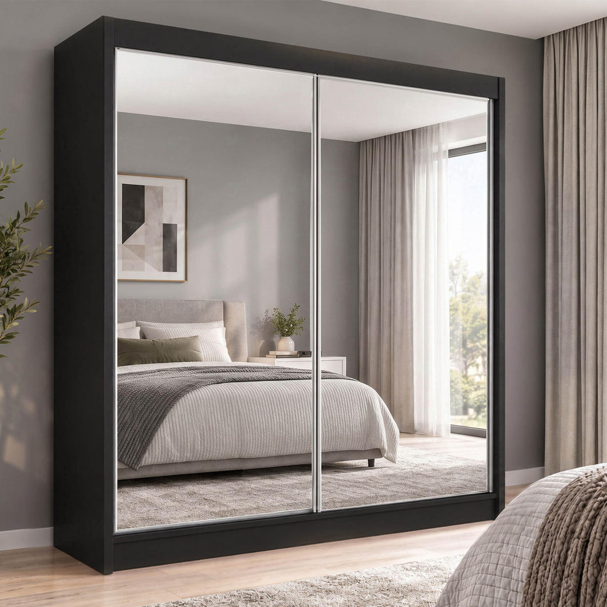 SCHWEBETÜRENSCHRANK Debra 200/216/61 schwarz mit Spiegel - Schwarz, Holzwerkstoff (200/216/61cm) - Beautysofa